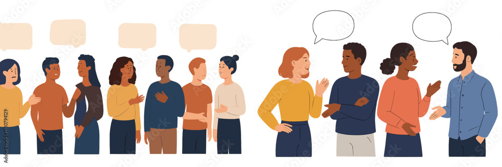 Poster Diverse groups of people engaging in conversation in an open, casual setting during a social gathering