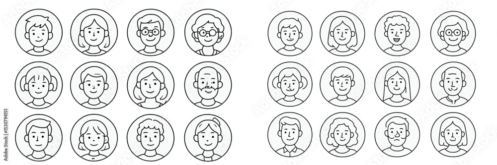Poster Diverse group of hand-drawn faces displayed in circular frames showcasing various facial expressions and hairstyles at a creative design session