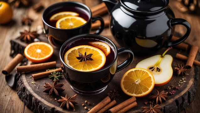 Citrus mulled wine with spices served in metal mugs and a saucepan. Star anise, orange wedges, and cinnamon sticks arranged on the table. Wooden background. rTop view - Powered by Adobe