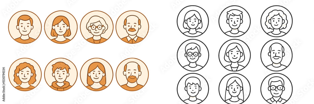Poster Creative character illustrations showcasing diverse expressions and styles in a circular arrangement against a light background