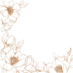 Golden flowers bouquet, line art, vector illustration, wedding invitation card, birthday greeting card, summer background, floral design, elegant flower decoration, festive celebration.