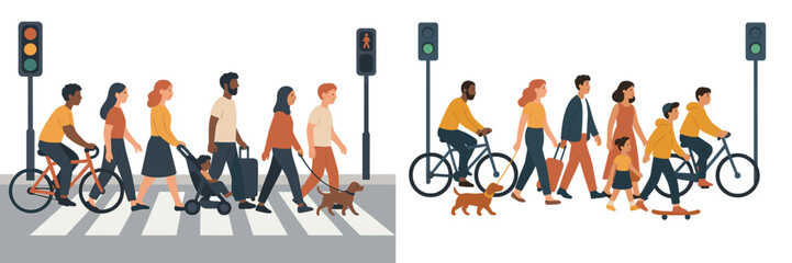 Obraz premium People crossing a street in a city setting during the day with pedestrians and cyclists using crosswalks