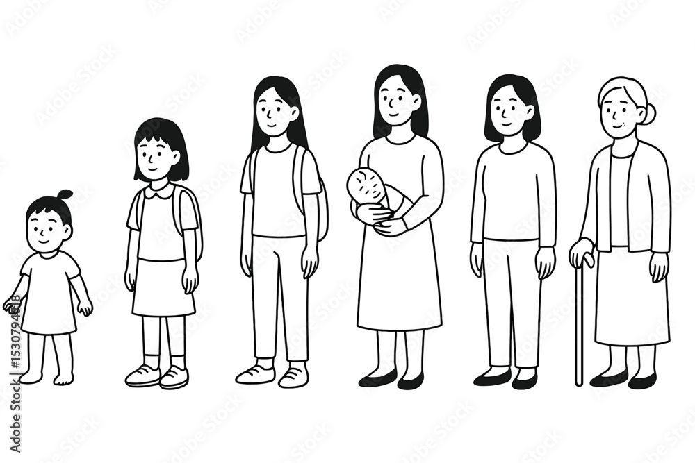 Poster family members representing different ages from toddler to elderly with a new baby in a simple drawi