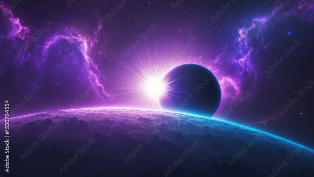 Canvas Prints blue nebula with stars and the planet in the foreground