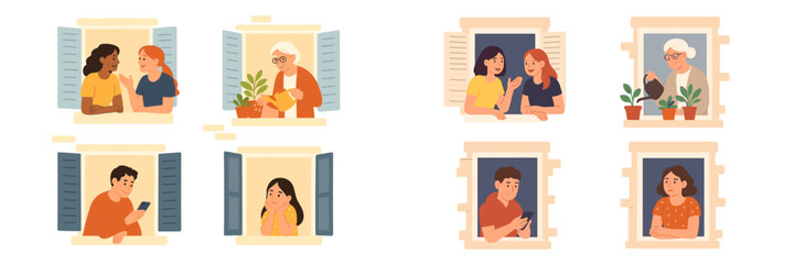 Fototapeta premium Group of friends and family members enjoying conversations from their windows during a sunny afternoon