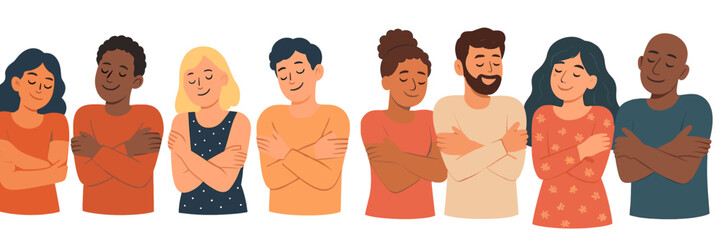 Group of diverse individuals practicing self-care and mindfulness through a warm embrace at a casual gathering