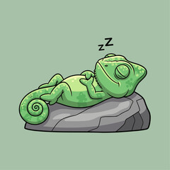 Lush Green Chameleon Resting Calmly on a Rock Conveys Serenity and Nature Experience