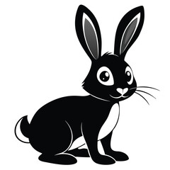 Black rabbit illustration with long ears and white details stands on a plain background