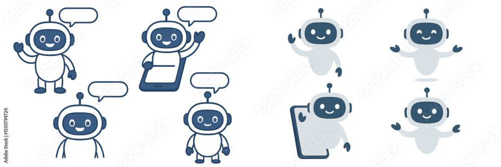 Aufkleber Friendly robots engaging in conversation using mobile device in a playful digital setting with cheerful expressions and gestures