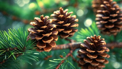 Fototapeta premium Close-up of cedar pine cone on the tree, the most prevalent type of coniferous tree worldwide.