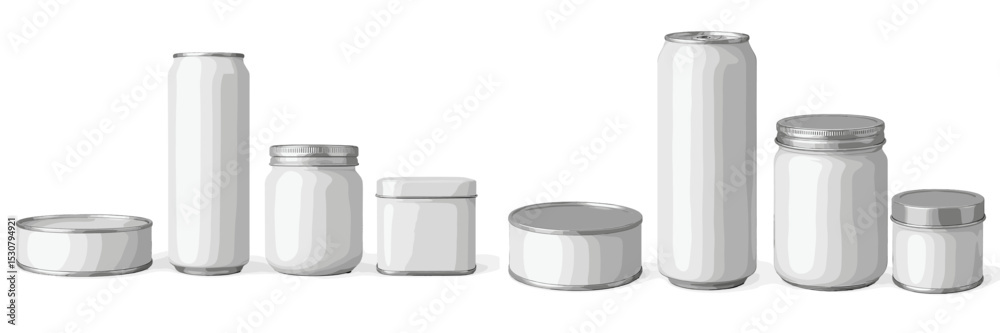 Aufkleber Containers of various shapes and sizes in white color arranged in a row on a plain background