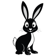 A cheerful black bunny with long ears looks directly forward on a white background