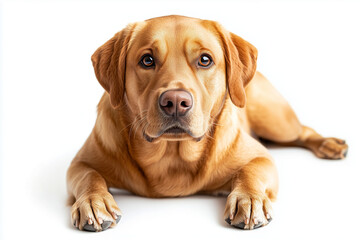 Golden Labrador Retriever Lying Down with Paws Forward on a White Background Looking Up