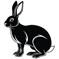 A stylized black rabbit sits alertly with its tall ears perked up high
