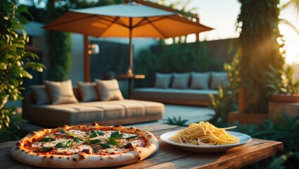 A pizza and pasta served at a club featuring an umbrella and daybed for relaxation.