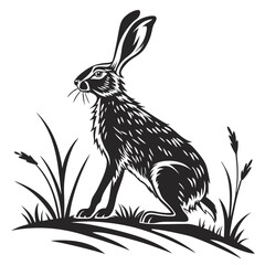 Black hare sits gracefully amidst the grassy terrain, showcasing its long ears and distinctive fur pattern