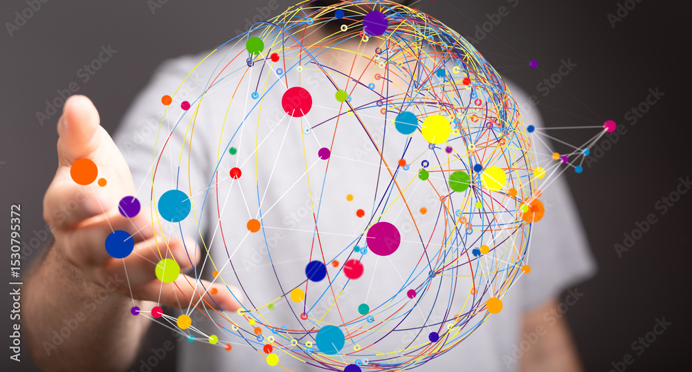 Aufkleber Abstract image of a global network connection. Colorful dots and lines represent data flow and interconnectedness.