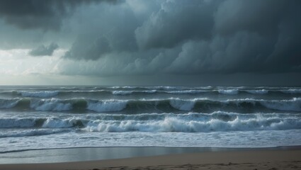 Fototapeta premium A Symphony of Surf and Showers Celebrating the Beach Rain Yet to Come