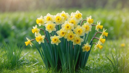 A freely blooming bouquet of yellow daffodils stands in a lush meadow, bathed in soft sunlight. The vibrant petals contrast beautifully with the green grass, embodying the essence of spring.