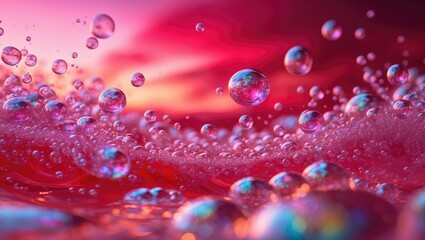 An abstract background featuring shades of pink and red with bubbles.