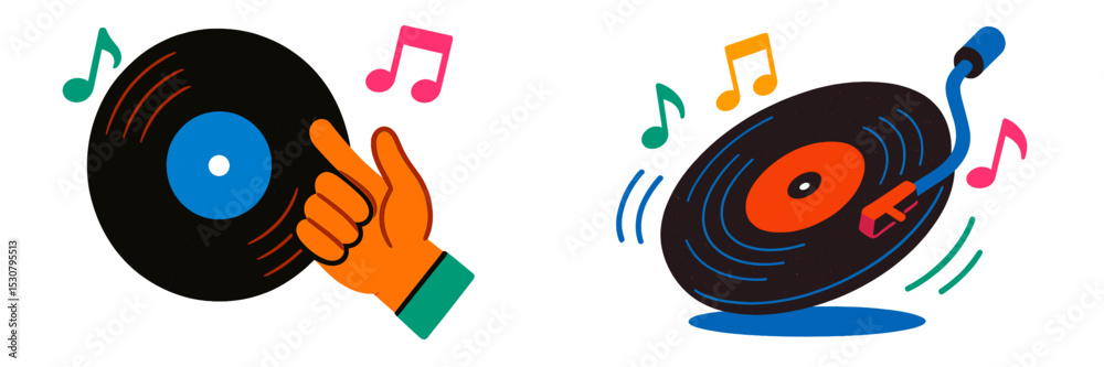 Poster bright and colorful illustrations of a vinyl record and turntable with music notes floating around