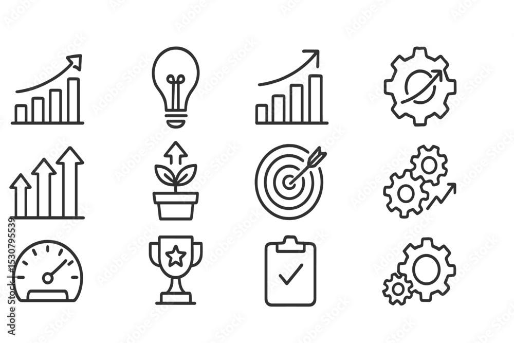 Poster growth indicators and symbols of innovation represented through simple line art in a clean layout