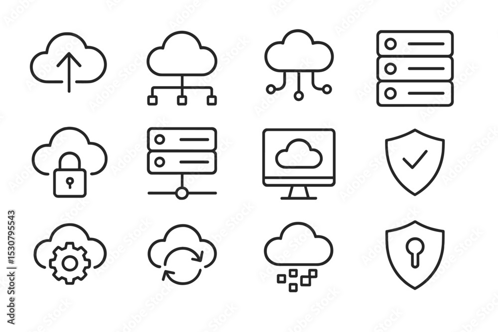 Aufkleber Collection of cloud computing icons illustrating various functionalities and concepts related to data security and storage