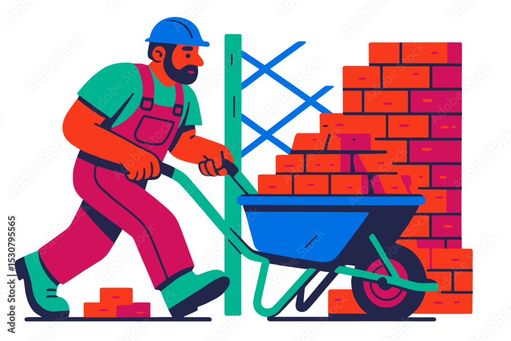 Aufkleber Construction worker transporting bricks using a wheelbarrow at a building site in an urban area during daylight hours