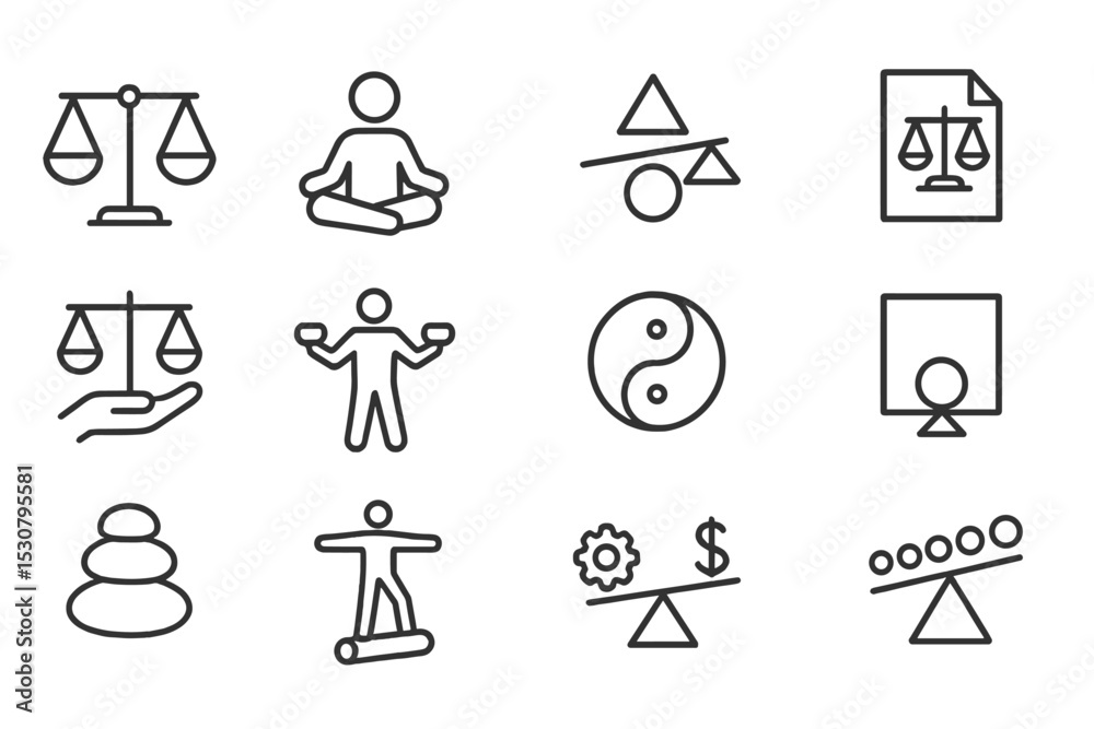 Poster Concepts of balance illustrated through simple icons representing various themes and ideas in a contemporary layout