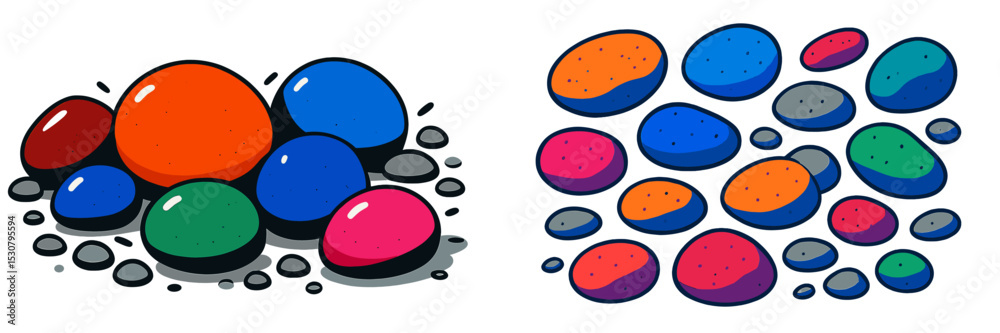 Poster Colorful collection of abstract stones arranged in random patterns with shadows in a bright illustration