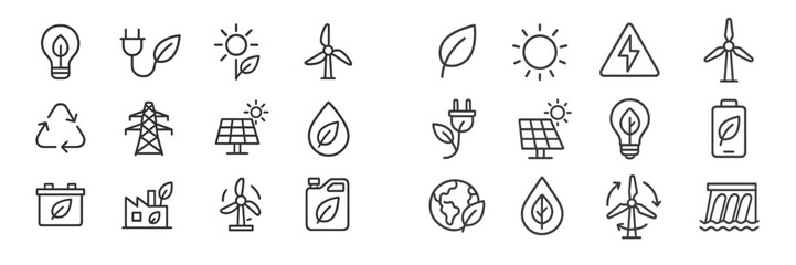 Collection of minimalist icons depicting renewable energy sources and environmental sustainability concepts in a clean design