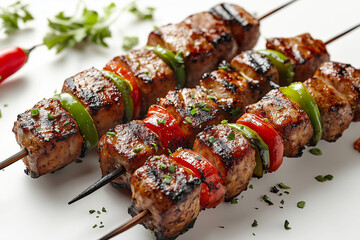 Grilled Meat Skewers with Peppers, Kebabs on a White Surface, Garnished with Herbs