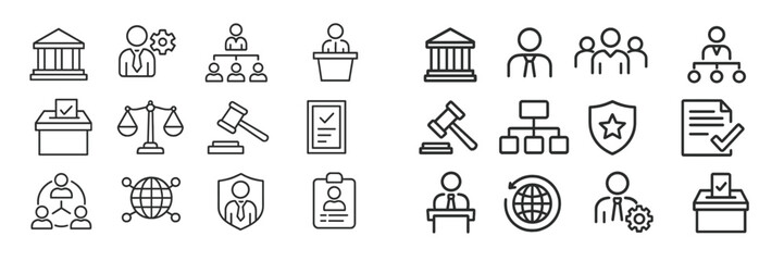 Collection of legal and governance icons representing civic responsibilities and processes in a clear and organized design