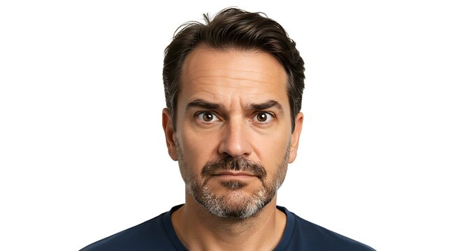 Serious Man Looking Intently with Brown Hair and Beard on White Background