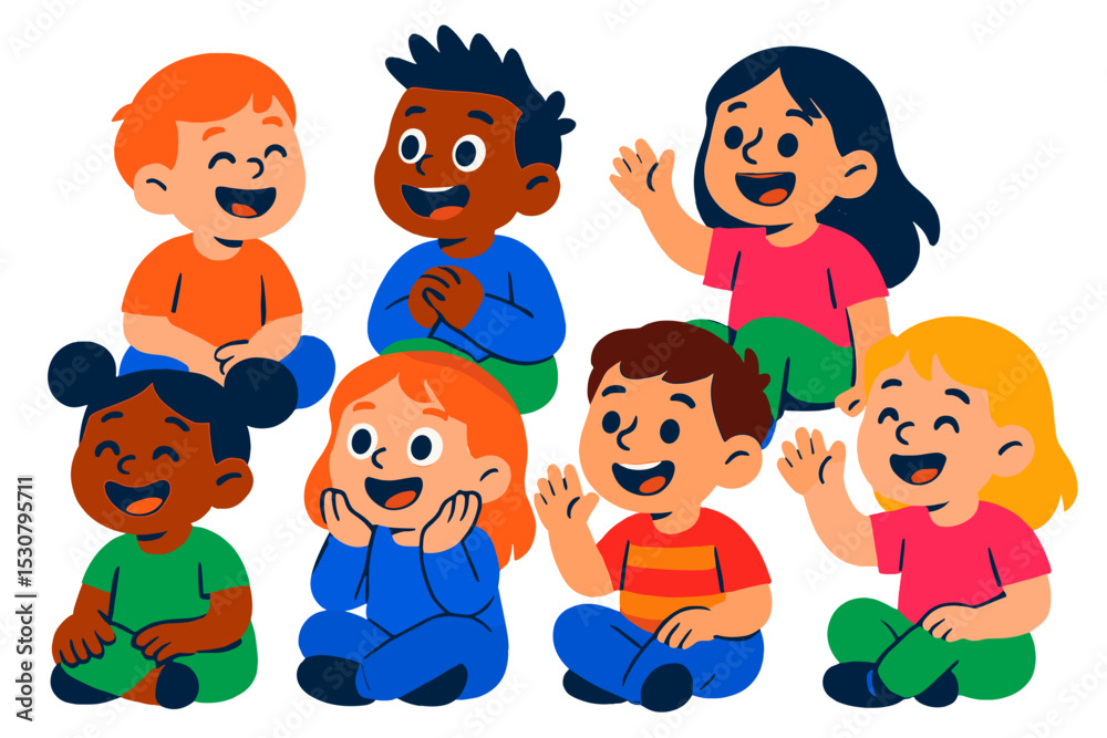 Poster cheerful group of children sitting together and enjoying a playful moment in a colorful setting