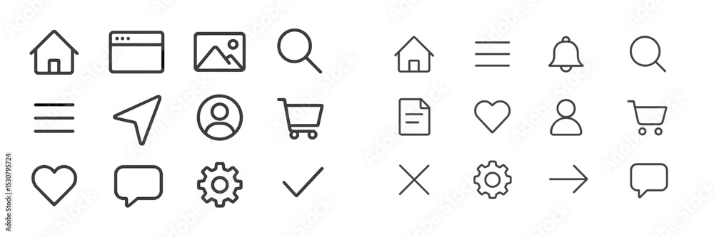 Leinwandbilder Collection of simple line icons representing common digital interface elements and functionalities in a clean layout