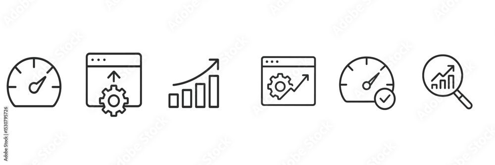 Poster Icons representing internet performance metrics and analytics tools displayed on a clean white background