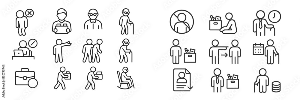 Poster Collection of diverse line icons representing various occupations, activities, and tasks in a professional setting