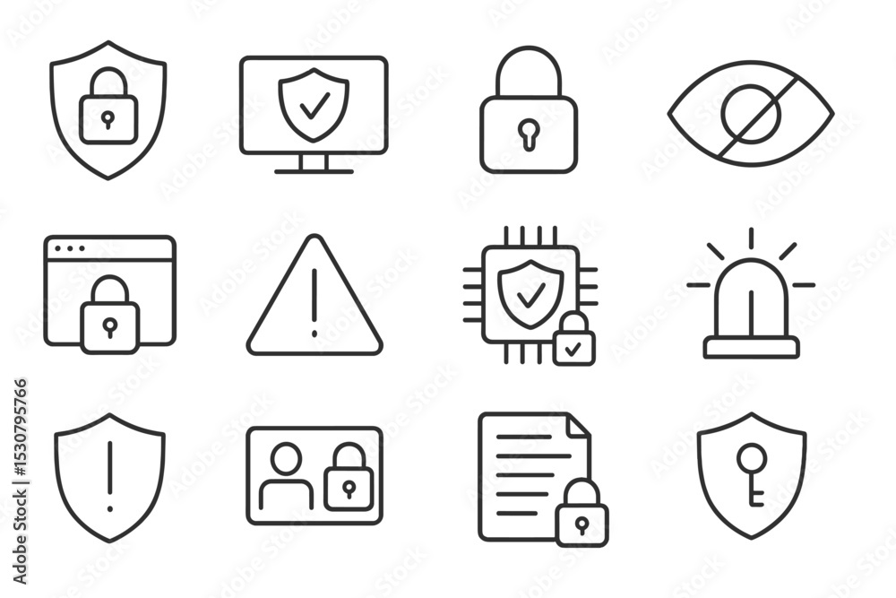 Poster Collection of security icons representing digital protection, privacy, and alerts in a simple line art design
