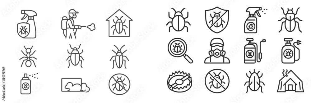 Poster Pest control icons illustrating various methods and tools for insect management in residential areas