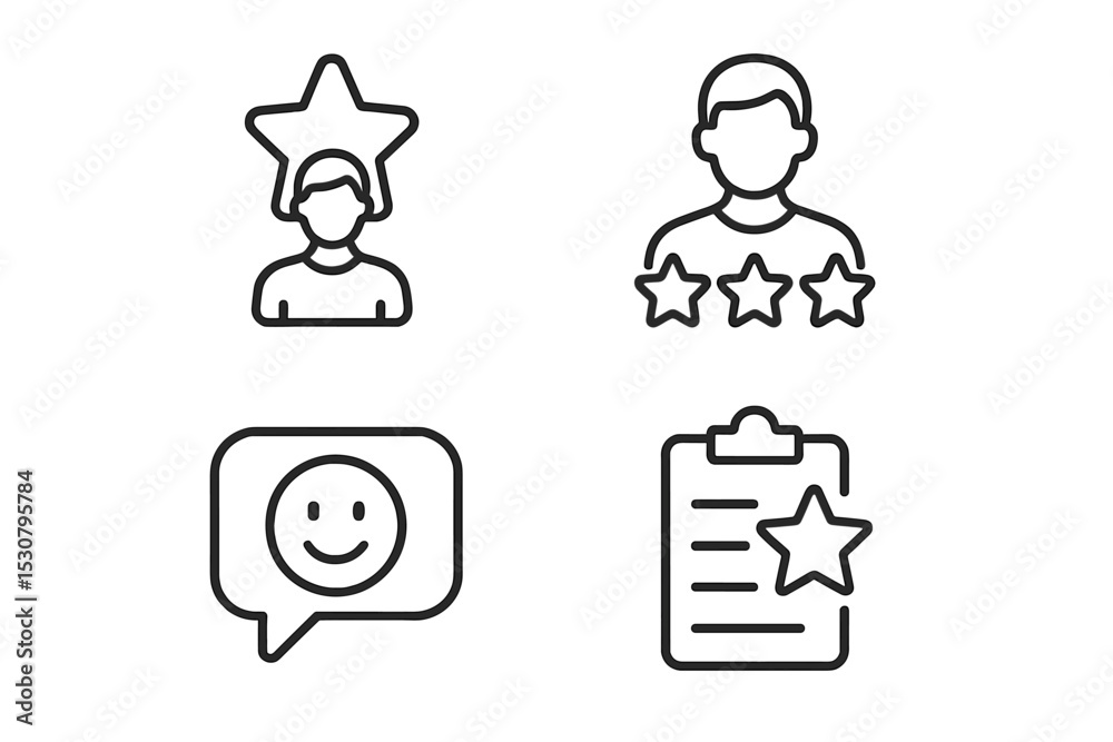 Poster user feedback and rating symbols depicting review process and customer satisfaction