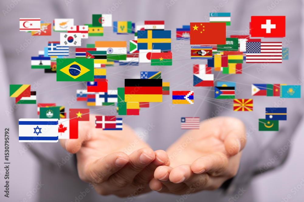 Poster Image of many national flags connected, symbolizing global unity and international relations.