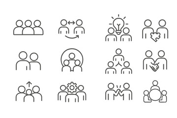 Obraz premium Variety of hand-drawn icons representing teamwork, collaboration, and idea sharing in a digital format