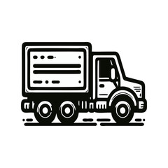 Stylized Black And White Illustration Of A Delivery Truck With A Simplified Graphic Design