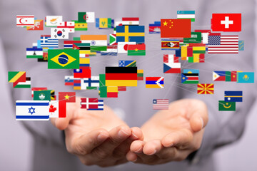 Image of many national flags connected, symbolizing global unity and international relations.