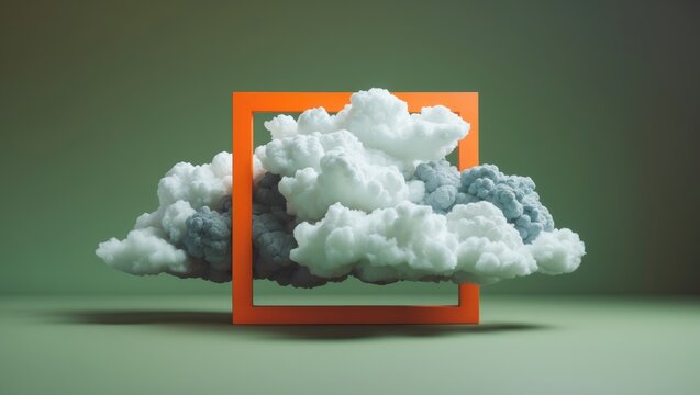 Large cloud with frame set against a pastel green background. Modern design, contemporary art collage. Inspiration, idea, trendy urban magazine style. Negative space for your text or ad. Minimalist.