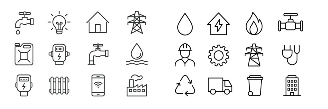 Various utility icons representing essential services for energy, water, and waste management in a modern context