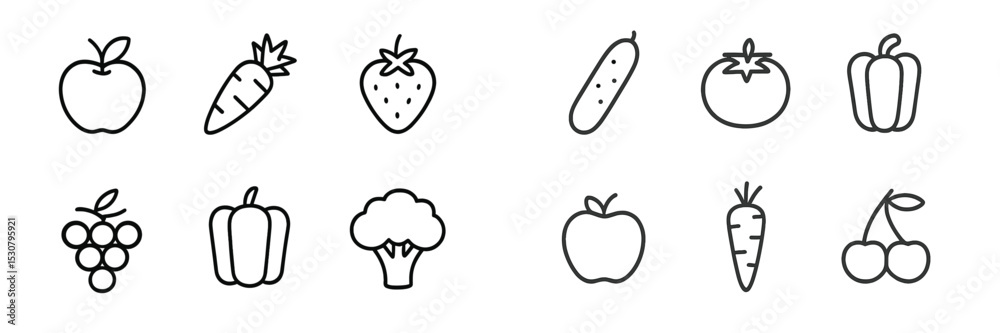 Poster colorful collection of fresh vegetables and fruits drawn in a simple outline style on a white backgr
