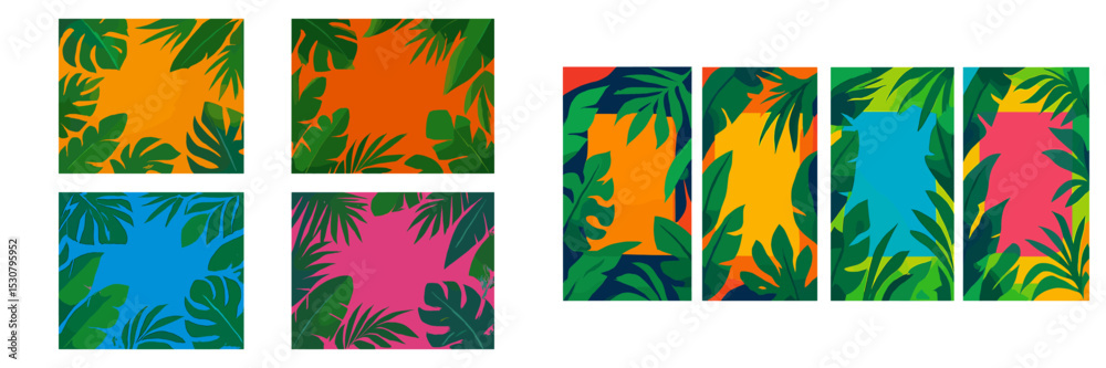 Poster bright tropical abstract art featuring vibrant foliage and colored backgrounds in various compositio