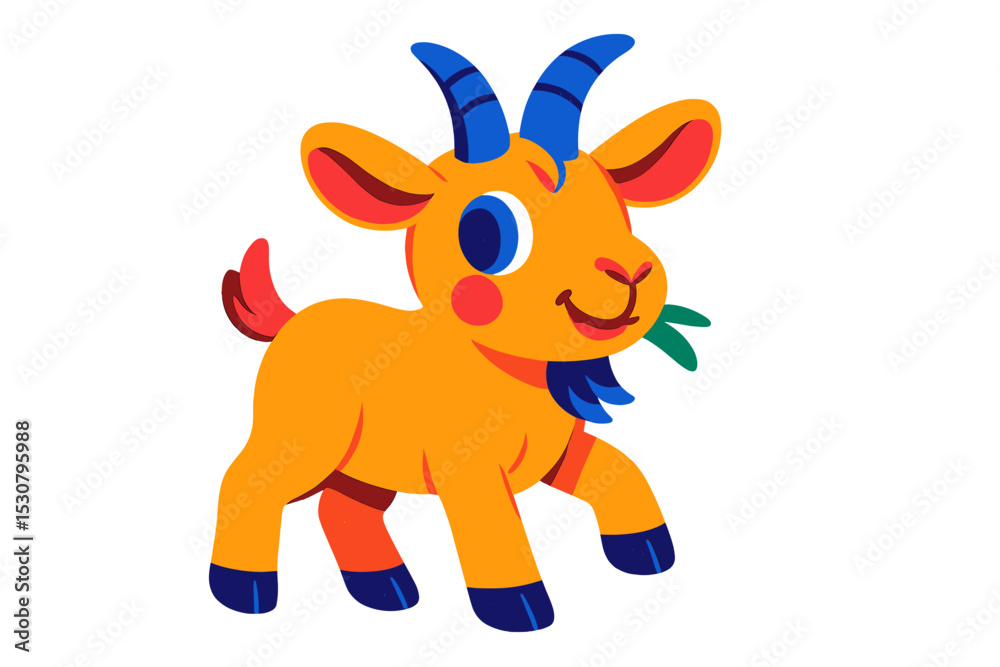 Poster colorful cartoon goat character walking and nibbling on a leaf in a playful design suitable for chil